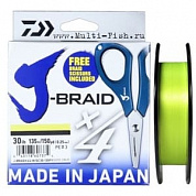 Леска плетеная DAIWA J-BRAID X4E-W/SC 135м, 0.15мм, 6,9кг YELLOW(ножницы в комплекте)