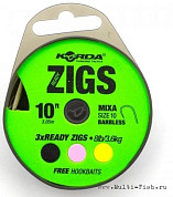 Поводки готовые Korda Ready Zigs Barbless 10' №10, 300см, 8 lb, 3.6кг, 3шт.
