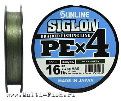 Леска плетеная SUNLINE SIGLON PEх4 300м, 0,261мм, 18,5кг, #2.5, 40LB Dark Green