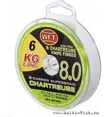 Леска плетеная WFT KG x8 Chartreuse 150м, 0,14мм, 19кг