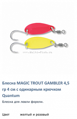 Блесна для форели Quantum 4,5gr 4 cm Magic Trout Gambler жёлтый+розовый  2шт с одинарным крючком