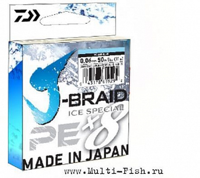 Леска плетеная DAIWA J-BRAID ICE SPECIAL Х8PE 50м, 0.10мм, 7кг ISLAND BLUE