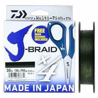 Леска плетеная DAIWA J-BRAID X4E-W/SC 135м, 0.07мм, 2,6кг DARK GREEN(ножницы в комплекте)