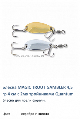 Блесна для форели Quantum 4,5gr 4 cm Magic Trout Gambler золото+серебро 2шт с тройником
